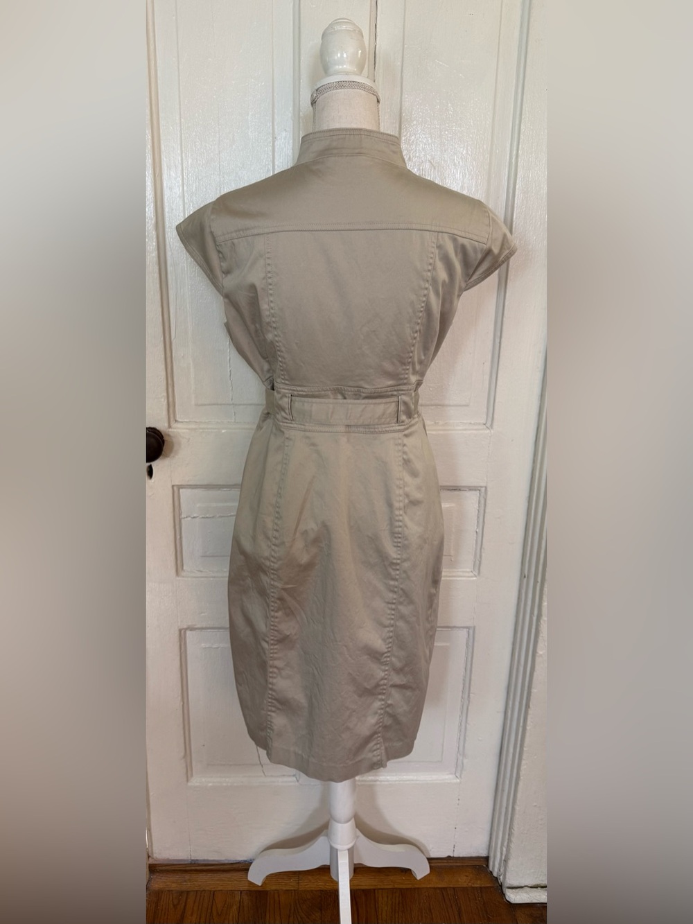 Calvin Klein Safari Sheath Midi Beige Belted Button Front Mock Neck Dress 12 - Picture 5 of 15